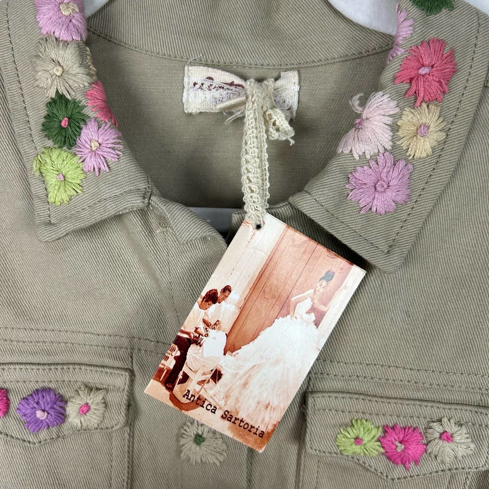 NEW Antica Sartoria Tan Denim Jacket Embroidered Flowers Size 2 - Picture 5 of 11